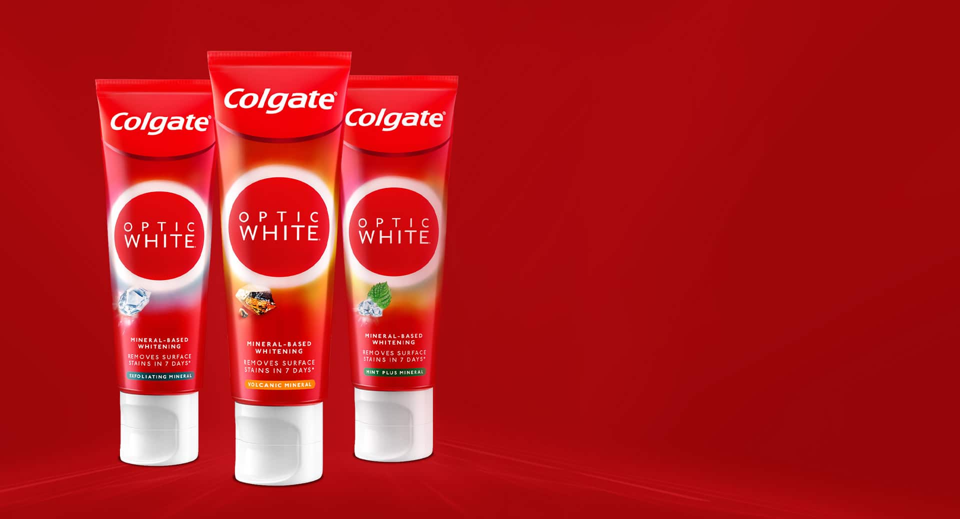 4 types of Colgate's Optic White Toothpaste; exfoliating mineral,volcanic mineral,mint plus mineral and enzyme plus mineral