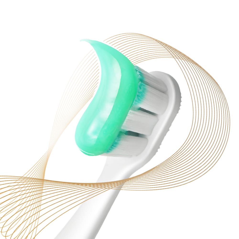 Kepala sikat gigi Colgate Total dengan pasta di atasnya, dikelilingi oleh sinar pencegahan warna-warni